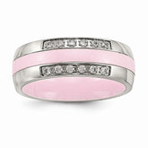 Sophia Jewelers Polished Stainless Steel Pink Ceramic CZ Wedding Band